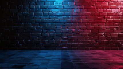 Abstract image of Studio dark room with red and blue lighting effects on black brick wall gradient background
