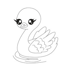 Cute Little Cartoon Swan Line Art For Kids Coloring Page.