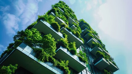 Green building with plants growing on the facade. Ecology and green living in city