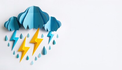 atmosphere or meteorology paper origami concept of a heavy thunderstorm with thunder, lightning, clouds and rain or hail isolated on white background with copy space