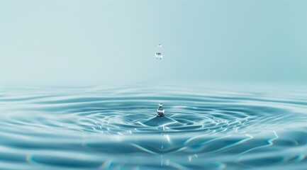 Water drop falling with beautiful ripples and reflection on a light blue background, wide banner with copy space area for design or text.