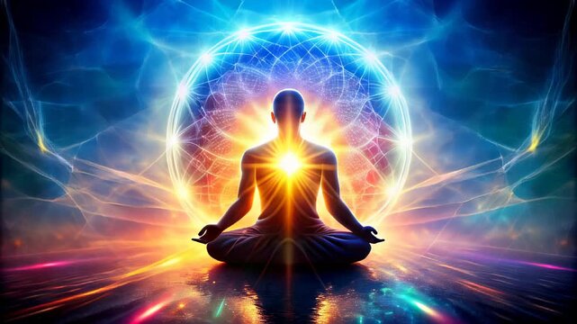 Meditating Figure with Radiant Aura, Cosmic Light Background