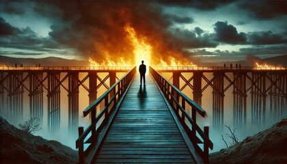 Mysterious Figure on Bridge Enveloped in Dramatic Fire and Smoke Amidst Dark Sky and Cloudscape - Apocalyptic Imagery at Its Best
