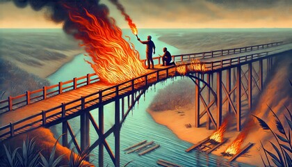 Dramatic Artistic Representation: Two Figures Setting Fire on a Bridge Over a Serene River at Sunset