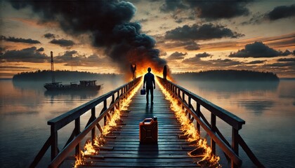 Dramatic fiery sunset scene of a lone traveler walking towards a burning bridge over a tranquil lake with a smoky sky