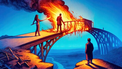 Surreal Art Depicting Individuals on a Burning Bridge Signifying Endings and New Beginnings Amid Fires and Deep Emotions