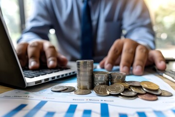 A businessman in a blue shirt is placing coins on the table, with a laptop and financial charts behind him.