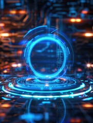 A circular object with blue lights illuminating a dark room, suitable for use as a futuristic or technological concept illustration