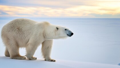 Fototapeta premium large adult Polar bear - ursus maritimus - full side profile view isolated with snow glacier background with copy space. beauty in natural arctic setting