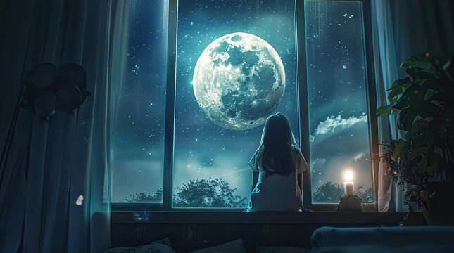 Girl sitting on the bedroom floor, gazing at the full moon in the sky through the window.
  Seamless looping 4k time-lapse virtual video animation Generated AI