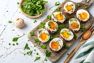 Board and plate of tasty Century eggs with on white background.