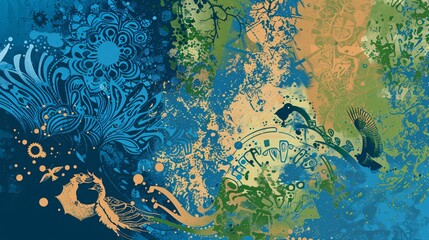 Abstract Blue and Green Artistic Paint Splatter Pattern.