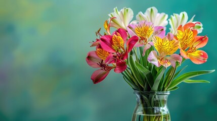Obraz premium Colorful Alstroemeria flowers in vase with green background Bright Peruvian Lilies ideal for design with space