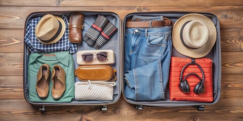 Neatly packed travel essentials in an open suitcase , travel, adventure, suitcase, clothes, guidebook, vacation
