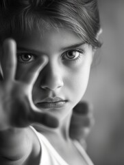 Fototapeta premium A young girl holds up a makeshift stop sign with her hand, indicating a halt or pause