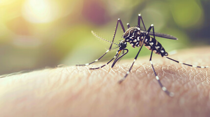 Aedes aegypti or yellow fever mosquito sucking blood on skin,Macro close up show markings on its legs and a marking in the form of a lyre on the upper surface of its thorax
