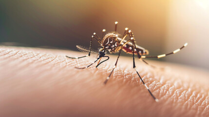 Aedes aegypti or yellow fever mosquito sucking blood on skin,Macro close up show markings on its legs and a marking in the form of a lyre on the upper surface of its thorax