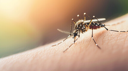 Aedes aegypti or yellow fever mosquito sucking blood on skin,Macro close up show markings on its legs and a marking in the form of a lyre on the upper surface of its thorax