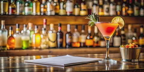 Mockup of a cocktail menu on a bar counter with an exotic cocktail, cocktail, menu, bar, counter, mockup, tropical, drink