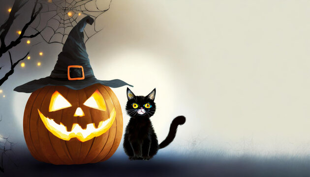 black cat next to jck o lantern halloween