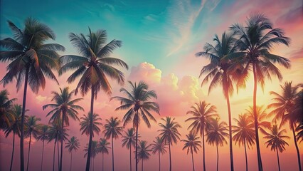 Obraz premium Dreamy photo of tropical palm trees against a pastel gradient sky background, dreamy, tropical, palm trees