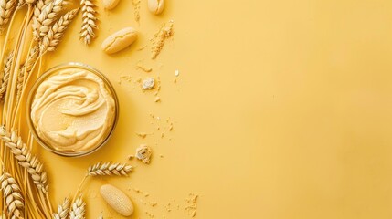 Wheat spread on yellow backdrop with empty space in middle