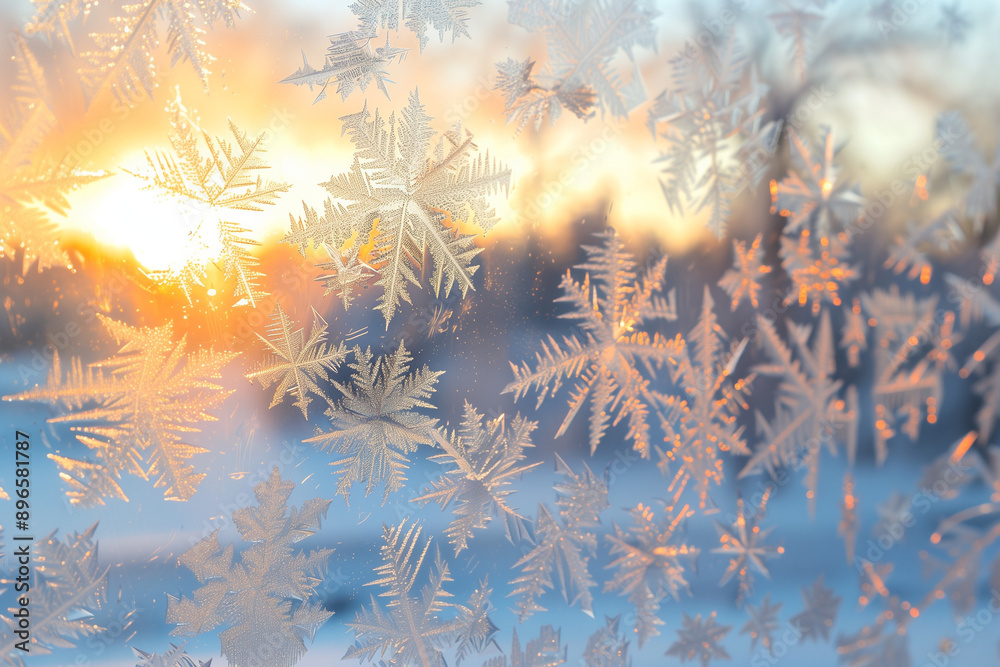 Poster snow frost in the form of natural patterns on the window pane against the background of the morning sky