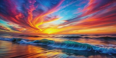 Vivid abstract landscape featuring colorful waves and a mesmerizing sunset , abstract, landscape, colorful, waves