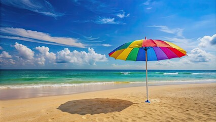 Sunny beach scene with colorful umbrella providing shade, beach, ocean, vacation, relaxation, tropical, sand, sunny, getaway