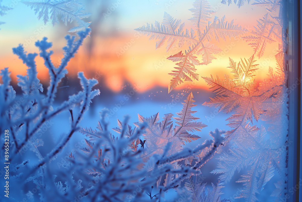 Poster snow frost in the form of natural patterns on the window pane against the background of the morning sky