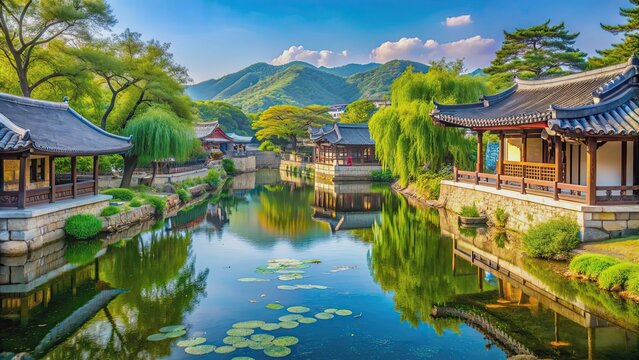 Beautiful landscape of Cheongsando, with lush greenery, serene water, and traditional Korean architecture, Cheongsando