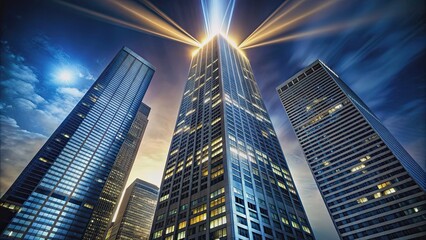 Fototapeta premium Towering skyscraper at night with warm interior lights and bright beam extending into dark sky, skyscraper, night