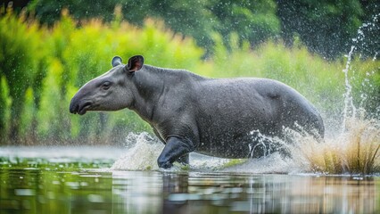 Fototapeta premium Tapir splashing in the water during a heavy rainstorm , tapir, animal, wildlife, running, water, rain, storm, nature, outdoors