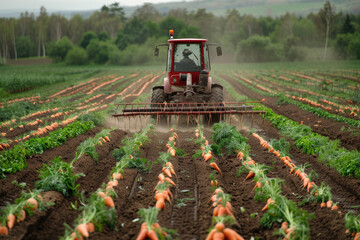 Fototapeta premium Tractor Harvesting Carrots in a Lush Green Field on a Cloudy Day with Trees in the Background