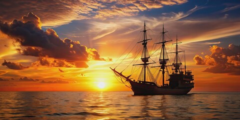 Silhouette of a pirate ship sailing on the ocean at sunset, pirate ship, silhouette, sunset, ocean, adventure