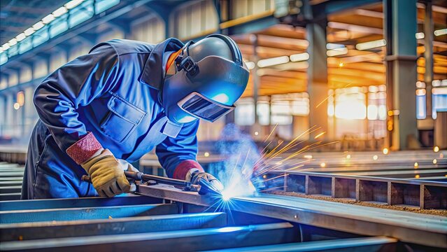 Welder performing submerged arc welding on steel plate at an industrial factory , Manufacturing, welding, industrial