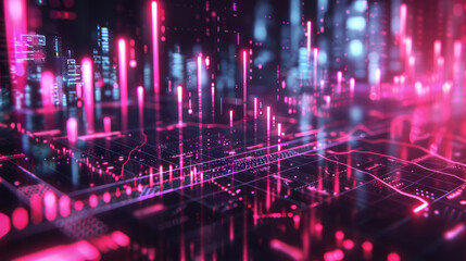 Fototapeta premium Futuristic Digital Cityscape with Neon Lights and Data Streams - Abstract Technology Background with Glowing Pink and Blue Lines Representing Cyber Networks and Modern Urban Infrastructure