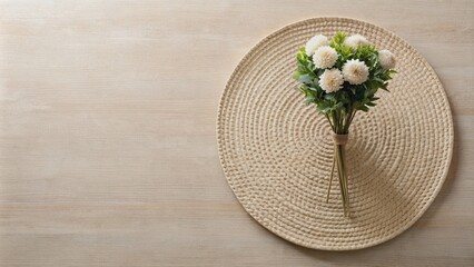Top view of beige flower plant on round placemat above ceramic table, beige, flower, plant, top view