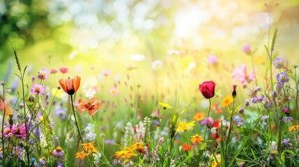 Fototapeta premium Floral border with selective focus on field and wild flowers