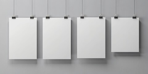 Realistic mockup of A4 paper blank posters hanging on paperclip on wall , blank, paper, posters, mockup, realistic, A4