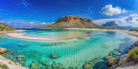 Crystal clear waters of the Balos Lagoon in Crete surrounded by white sandy beaches, rugged rocks, and towering mountains
