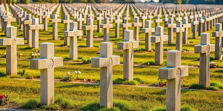 Fototapeta Catholic cemetery with rows of grave markers showcasing messages of faith, hope, and love , Catholic, cemetery