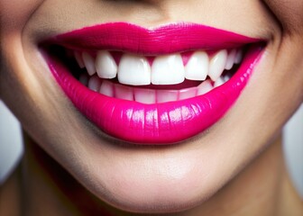Obraz premium Vibrant close-up of a radiant smile with perfectly aligned white teeth and luscious pink lips, exuding warmth and confidence.