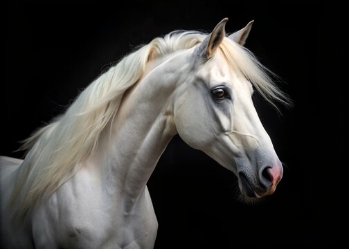 Majestic white horse head isolated on a black background, showcasing elegance and power, with a subtle sheen on its coat and gentle gaze.