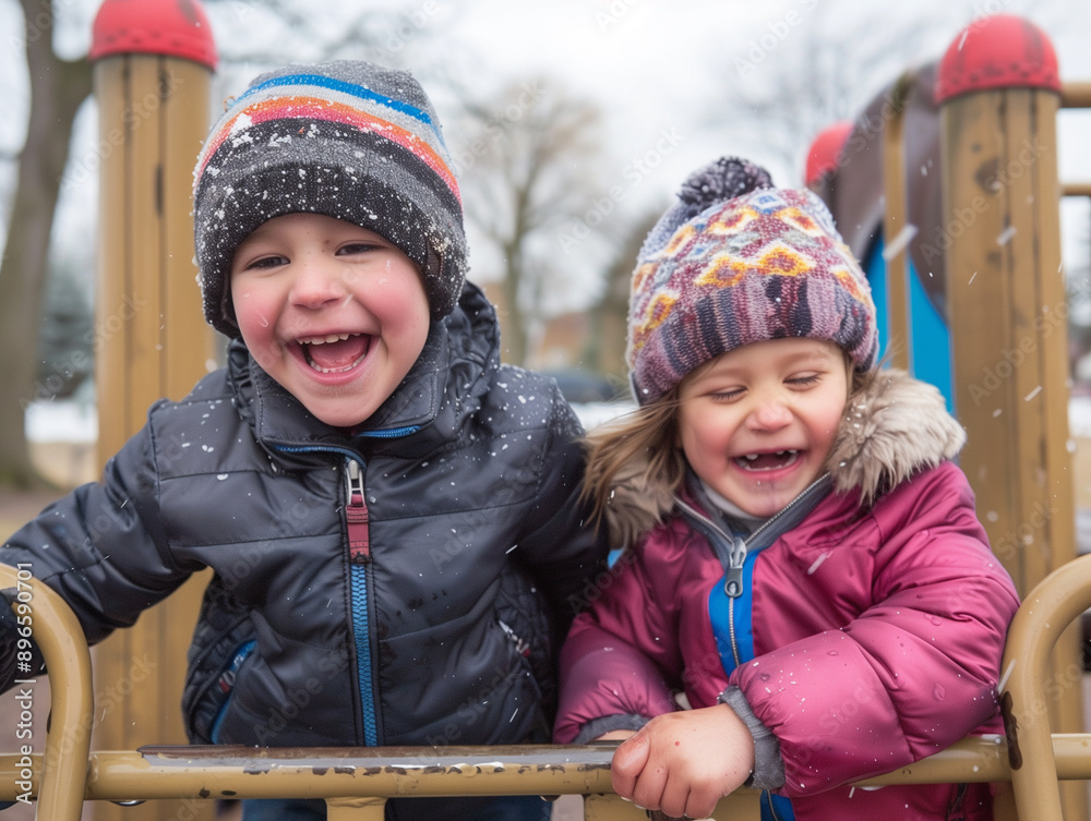 Wall mural siblings laughing and playing together at a playground