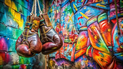 Naklejka premium Colorful graffiti wall serves as backdrop for abandoned boxing gloves, worn and worn out, telling the story of a lifetime of love and fierce competition.