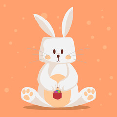cute rabbit holding a bucket of colorful candy, cartoon illustration