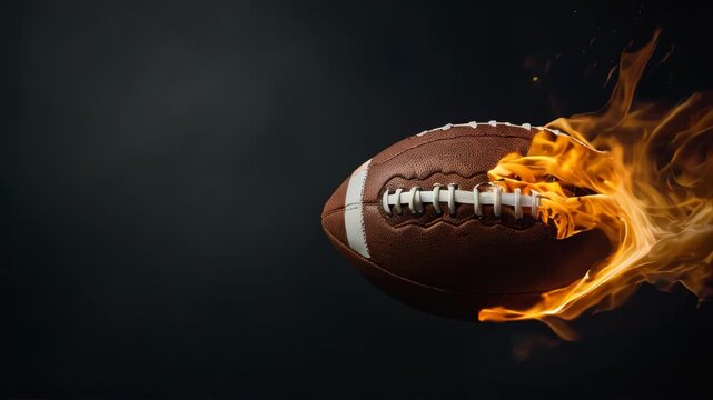 American football ball on fire flying, sports concept, black background.