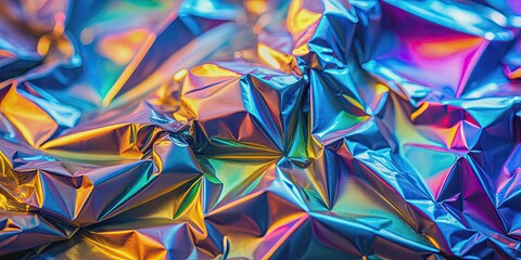 Holographic foil texture with a crumpled effect, creating a vibrant, futuristic abstract background, holographic, foil