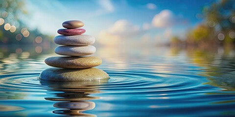 Obraz premium Zen stones stacked on top of each other in a water background, tranquility, harmony, balance, meditation, relaxation